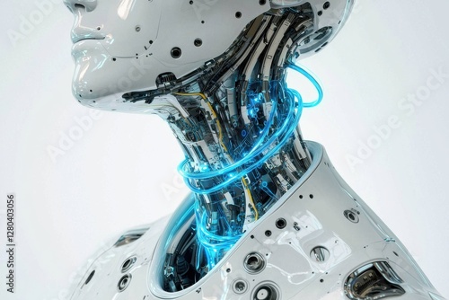 Detailed cyborg neck and head showing intricate mechanical design and glowing blue cables, highlighting the fusion of human-like form and advanced technology.