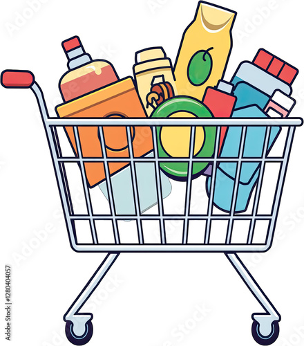 Colorful Shopping Cart Filled with Groceries in Cartoon Style
