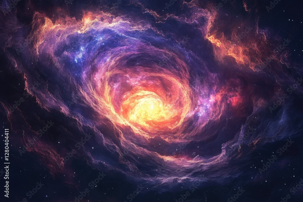 A swirling cosmic nebula with vibrant colors, a fiery core, and ethereal clouds of gas and dust. A swirling cosmic nebula with vibrant colors, a fiery core, and ethereal clouds of gas and dust.