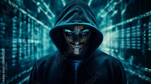 Anonymous hacker with a scary mask and hood in a digital environment, cyber threat representation photo