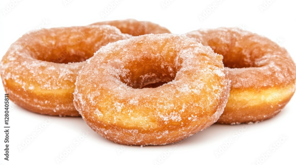 Three freshly glazed donuts arranged aesthetically on a white background, ideal for dessert promotions Three freshly glazed donuts arranged aesthetically on a white background, ideal for dessert promotions