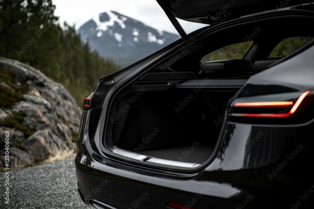 open trunk of a modern car, beautiful landscape on the background, road trip concept