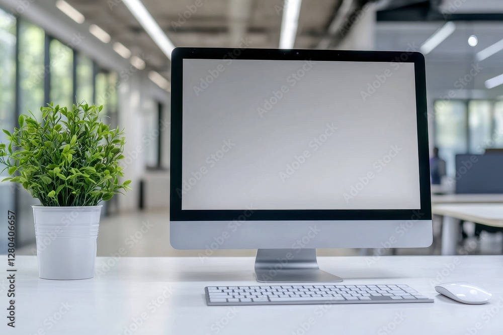 Modern Office Workspace with Desktop Computer and Plant Modern Office Workspace with Desktop Computer and Plant