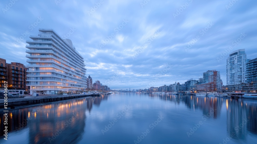 Fototapeta premium Modern residential buildings reflect on the calm surface of a city river during blue hour twilight.