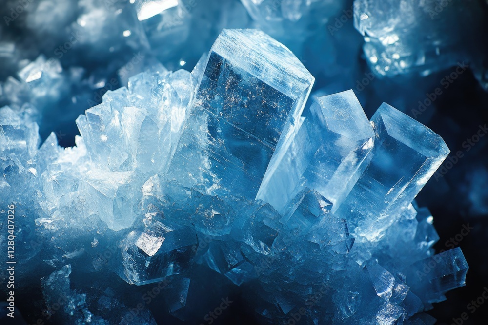 A stunning close-up of vibrant blue crystals, showcasing their intricate geometric formations and icy texture. A stunning close-up of vibrant blue crystals, showcasing their intricate geometric formations and icy texture.
