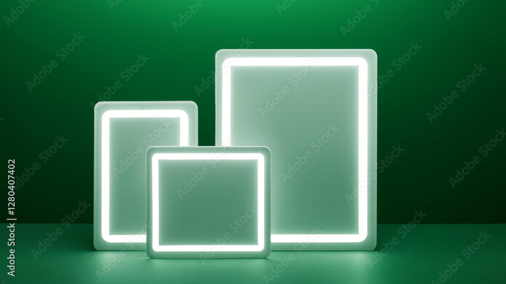 Three white platforms with glowing outlines, arranged against a solid green background, creating a clean and modern product display. Three white platforms with glowing outlines, arranged against a solid green background, creating a clean and modern product display.