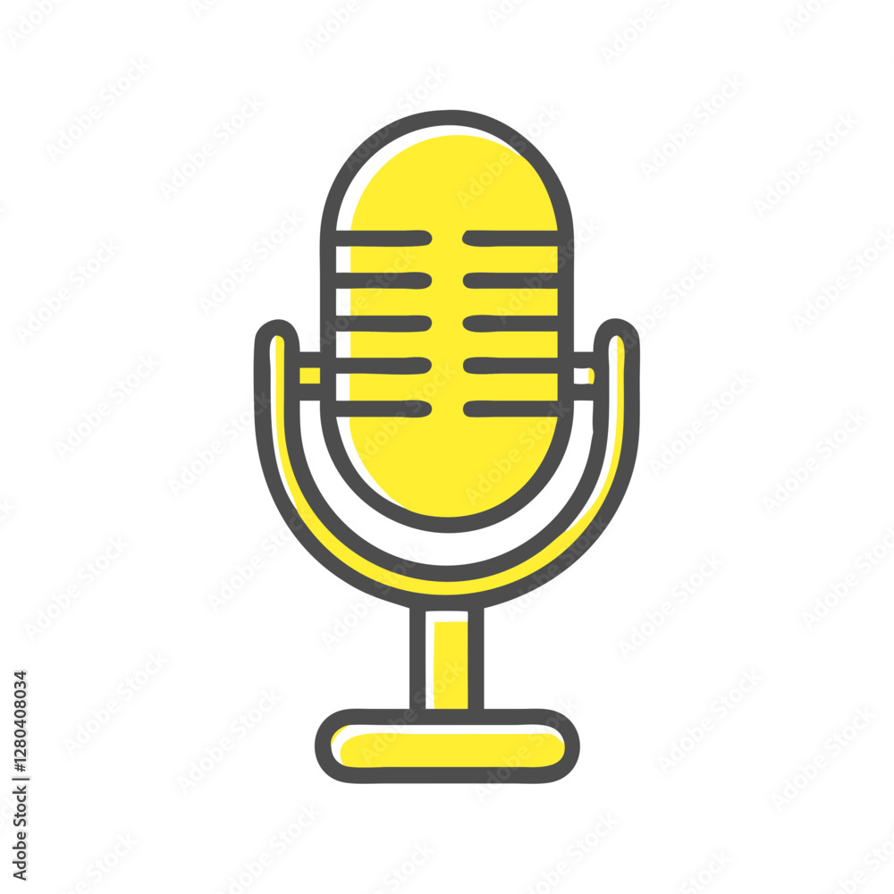 Yellow retro microphone stands boldly against white. Classic recording equipment icon with vintage appeal. Simple yet striking - Concept: Entertainment, Recording studio Yellow retro microphone stands boldly against white. Classic recording equipment icon with vintage appeal. Simple yet striking - Concept: Entertainment, Recording studio