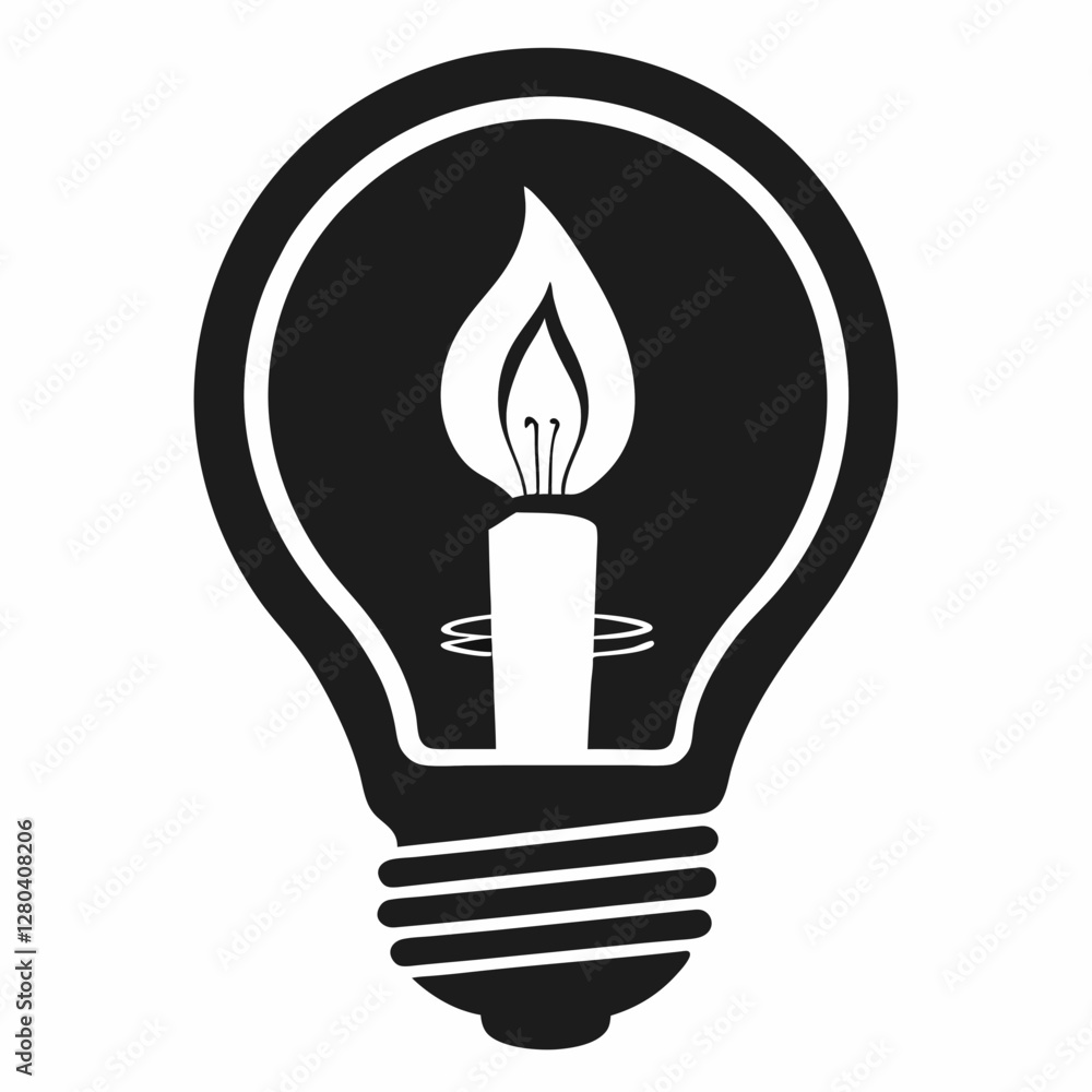 Minimalist black and white lightbulb with candle flame core. Simple iconic design bridges old and new. Perfect for Earth Hour. Sustainable Innovation, Environmental Education, Energy Conservation Minimalist black and white lightbulb with candle flame core. Simple iconic design bridges old and new. Perfect for Earth Hour. Sustainable Innovation, Environmental Education, Energy Conservation
