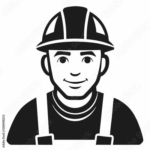 Construction Worker Icon Concept: Contractor, Builder. Cartoon of worker in hard hat, smiling, approachable. 