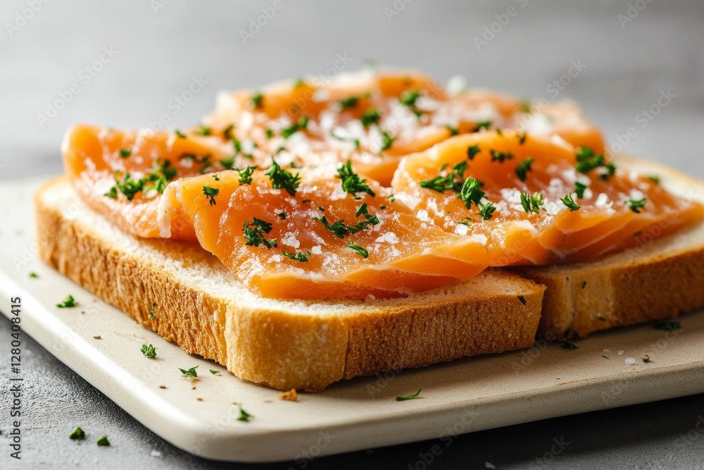 close up of salted salmon slices on the white bread close up of salted salmon slices on the white bread