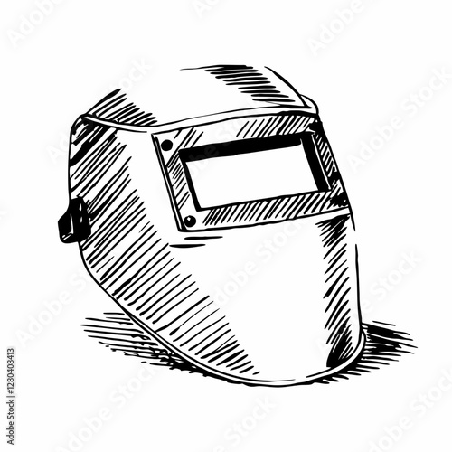 Sketch of welding mask isolated on white background, safety symbol for metalwork jobs and industry. Concept welding services, PPE supplier, industrial safety guide.