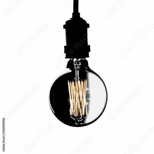 Sleek chrome LED bulb suspended by black cord against white backdrop. Modern design showcases visible filament detail. Concept: Contemporary Lighting Design