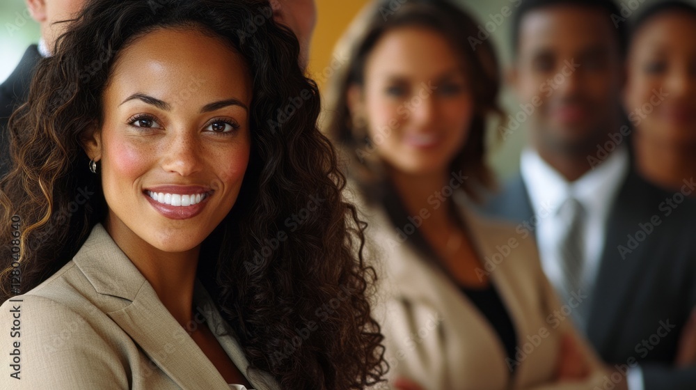 A group of smiling business people are standing in an office building. They look confident, as if ready to take on any challenge. A group of smiling business people are standing in an office building. They look confident, as if ready to take on any challenge.