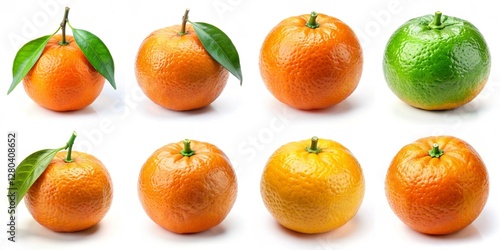 A row of oranges and a lime are shown in various stages of ripeness. The oranges are all different sizes and colors, with some being green and others being orange