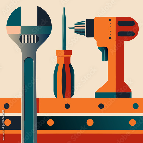 Geometric illustration of wrench, screwdriver and cordless drill on textured surface. Mid-century modern design style with bold colors. Concept: hardware store, repair service, DIY shop