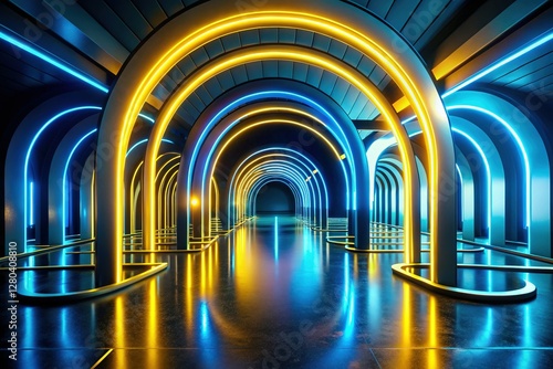 Abstract 3D Render: Blue and Yellow Glowing Arches