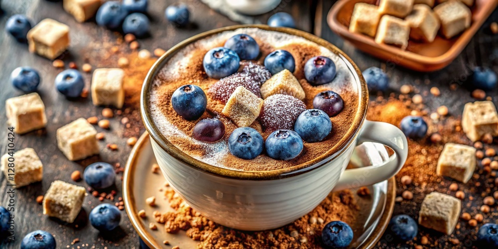 Delicious Cappuccino with Blueberry Marshmallow Zephyr & Cane Sugar - Top View Delicious Cappuccino with Blueberry Marshmallow Zephyr & Cane Sugar - Top View