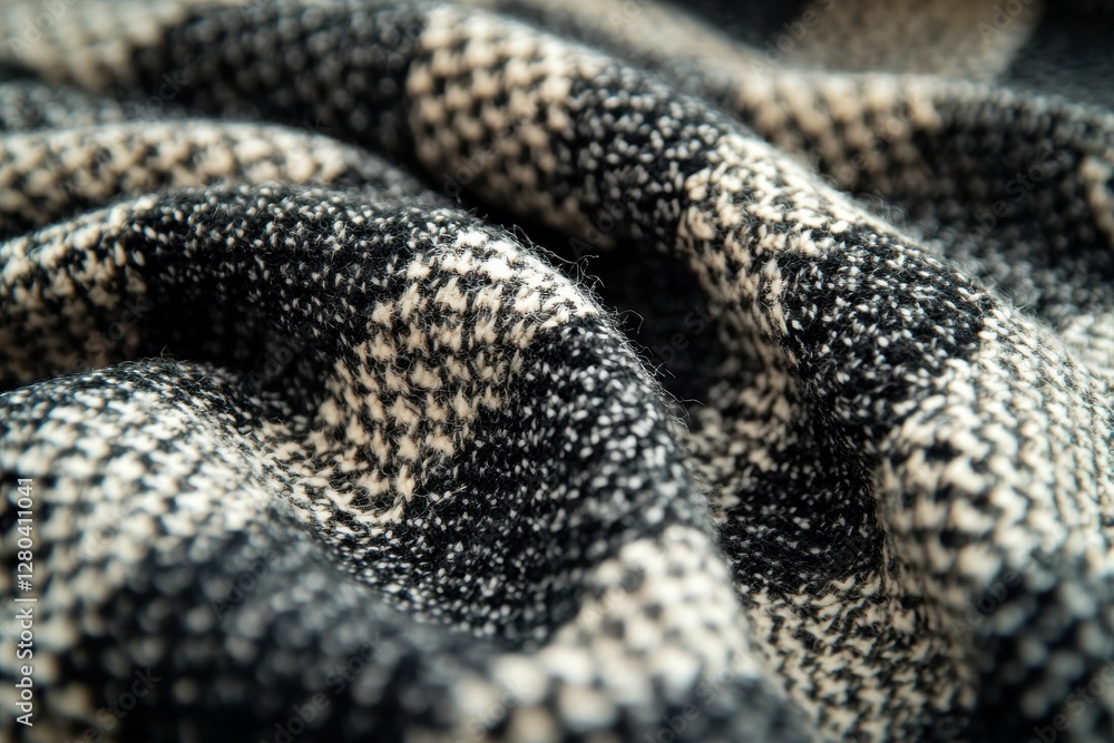 Detailed close-up of black and white woven wool fabric, highlighting the intricate texture and pattern, creating a cozy and warm visual experience. Detailed close-up of black and white woven wool fabric, highlighting the intricate texture and pattern, creating a cozy and warm visual experience.