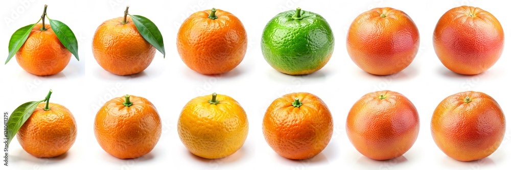 A row of oranges with one green and one red. The oranges are all different colors A row of oranges with one green and one red. The oranges are all different colors