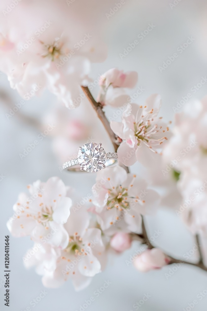 Dazzling engagement ring elegantly resting on a flower branch, adorned with soft pastel hues. Dazzling engagement ring elegantly resting on a flower branch, adorned with soft pastel hues.