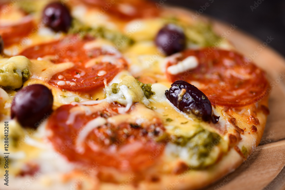 Pizza with chorizo sausage, mozzarella and cheddar cheese, olive pesto and kalamata olives. Wooden background. Soft focus. Close up. Pizza with chorizo sausage, mozzarella and cheddar cheese, olive pesto and kalamata olives. Wooden background. Soft focus. Close up.