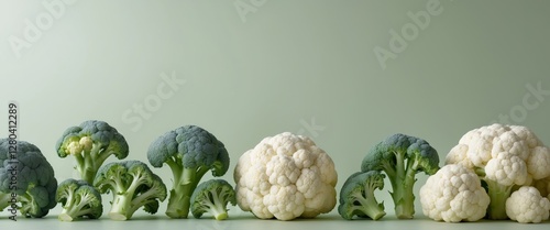 Neatly Arranged Broccoli and Cauliflower Florets on Pastel Green Background