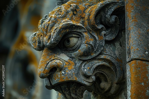 A lichen-covered stone gargoyle head, with detailed eye, on an old building, featuring intricate carvings and weathered texture, ancient architectural element. photo