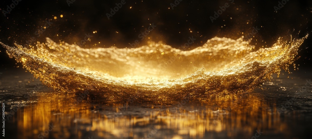 Golden Splash of Water Creating a Beautiful Fountain Effect on Dark Background with Sparkling Particles and Glimmering Reflections Golden Splash of Water Creating a Beautiful Fountain Effect on Dark Background with Sparkling Particles and Glimmering Reflections