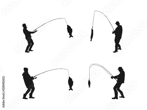 Man catching a fish silhouette. A fisherman with a catch of fish. Fish on a hook. fisherman and fish silhouette. The fisherman caught a fish silhouette. Vector on a white background.