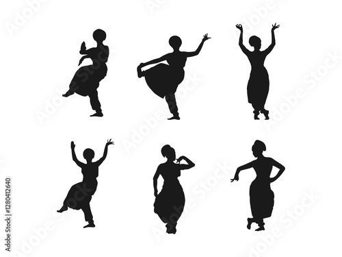A set of silhouettes of women dancers. Asian Traditional Classic Dance. Women dancers dancing in a silhouette. Black silhouettes of women dancers in different positions. Vector on a white background.