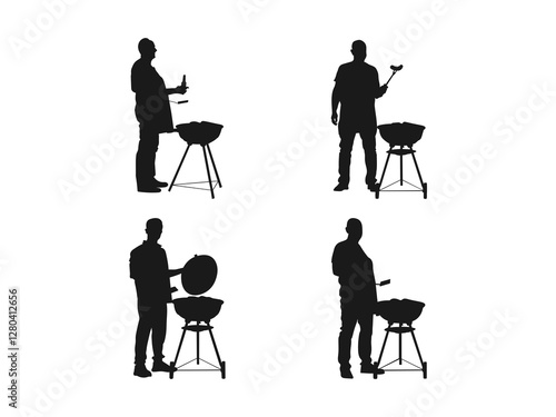 man with an apron barbecuing silhouette. Barbecue tools, grill, and forks with the man. Illustration in a flat style. Silhouette of a man with an apron barbecuing. Vector on a white background.