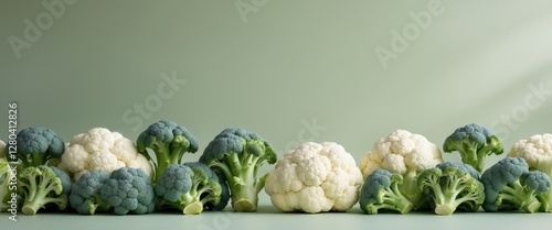 Neatly Arranged Broccoli and Cauliflower Florets on Pastel Green Background. photo