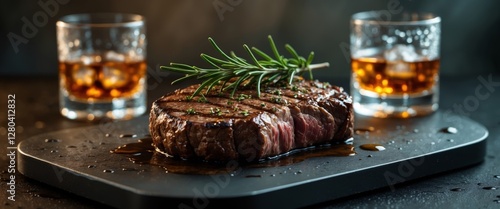 grilled medium rare steak garnished with rosemary on a black serving board accompanied by glasses of whiskey on the rocks