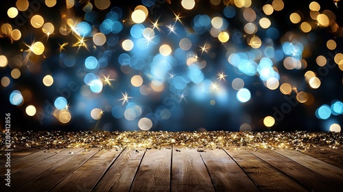 Wooden table with blurred lights creating a bokeh effect in the background
