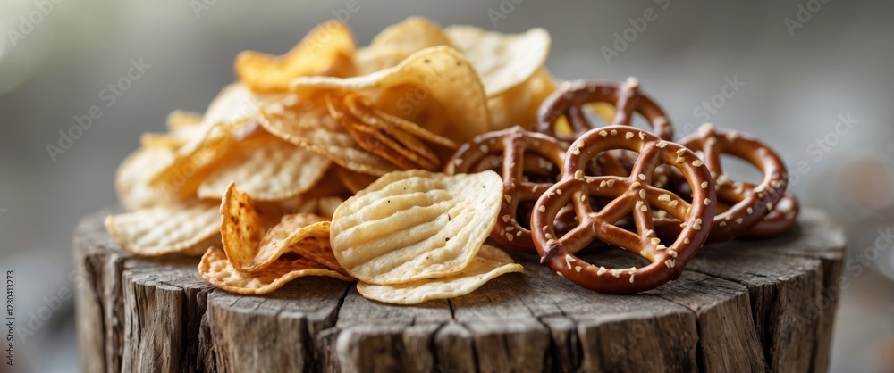 Assorted snacks with potato chips and pretzels on a wooden stump for a tasty appetizer. Assorted snacks with potato chips and pretzels on a wooden stump for a tasty appetizer.