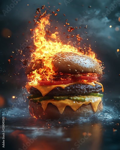 Flaming burger explosion, dark background, food photography photo