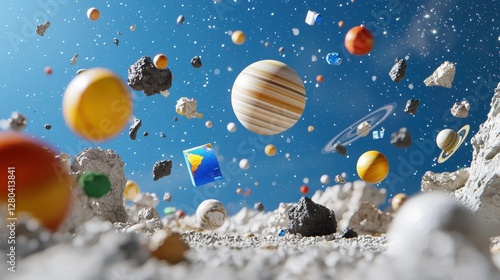 Various colored objects floating in the air against a neutral background