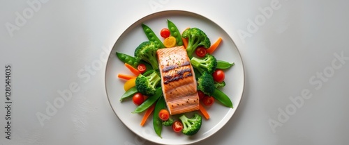 High angle view of a balanced plate with salmon grilled broccoli and assorted vegetables. photo