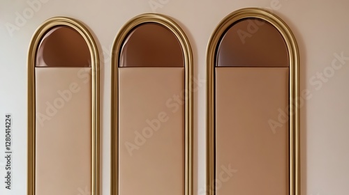 Three arched panels with gold frames and beige inserts