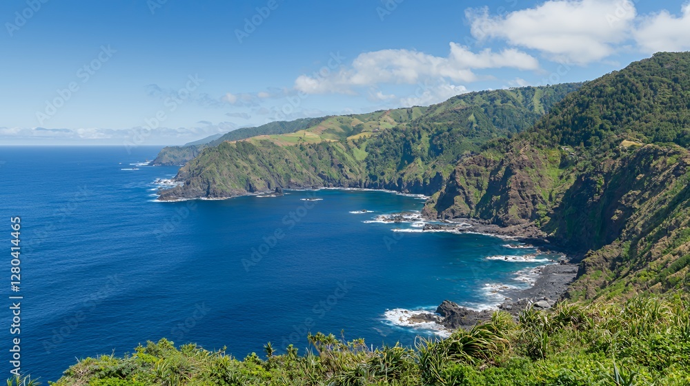 Fototapeta premium Coastal Cliffs and Ocean Panorama: A Vibrant Summer Day