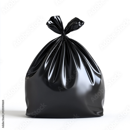 Shiny black plastic trash bag is isolated. The bag is tied at the top, ready to be disposed of. Waste management concept. photo