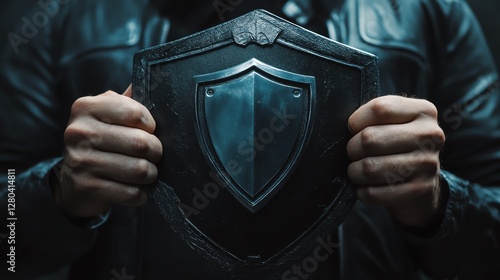 A person holding a shield for protection. photo