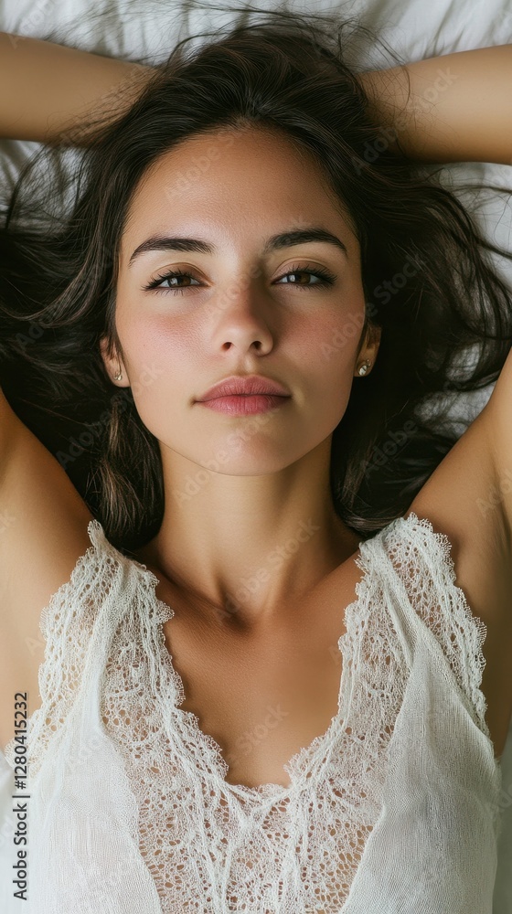 Serene Beauty: A Woman Resting on a White Bed Serene Beauty: A Woman Resting on a White Bed