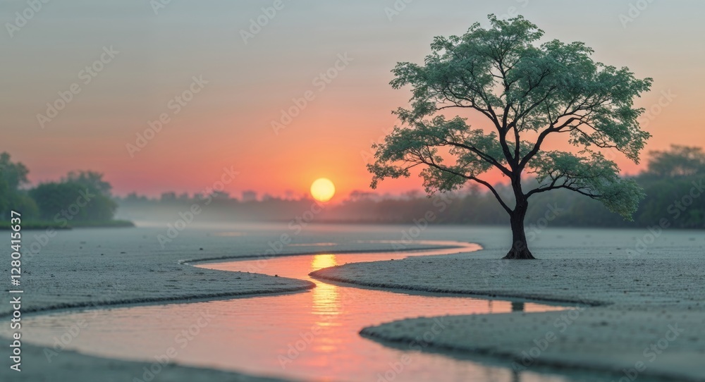 Tranquil Landscape with Orange Sun Reflecting on River and Solitary Tree. Tranquil Landscape with Orange Sun Reflecting on River and Solitary Tree.