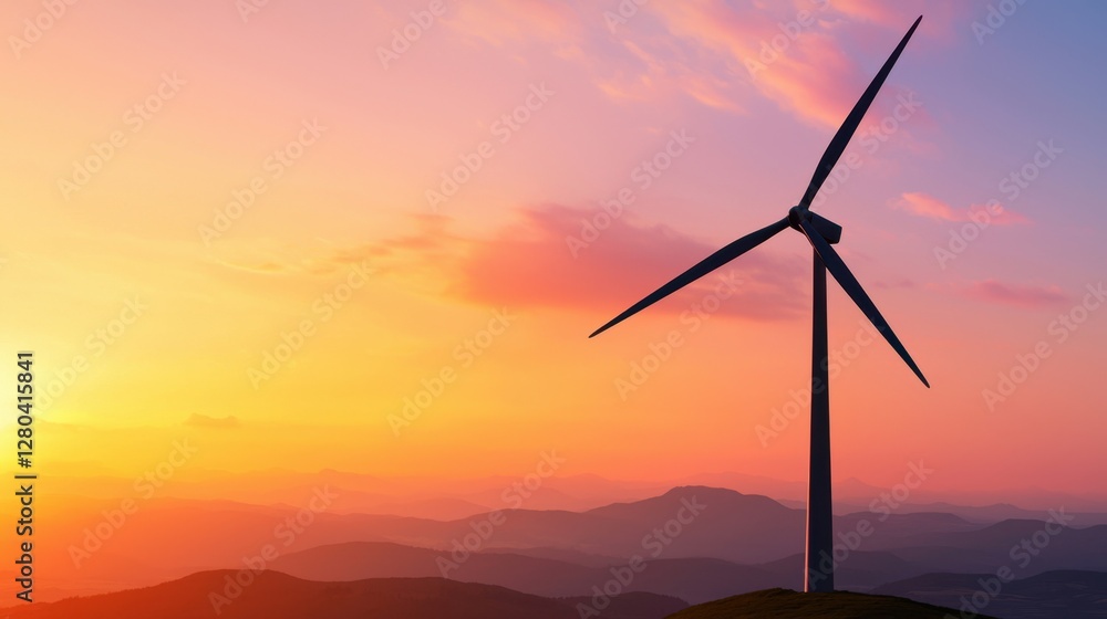 Obraz premium Majestic Wind Turbine Silhouetted Against a Vibrant Sunset Over Rolling Hills and Mountains, Representing Renewable Energy and Sustainable Future