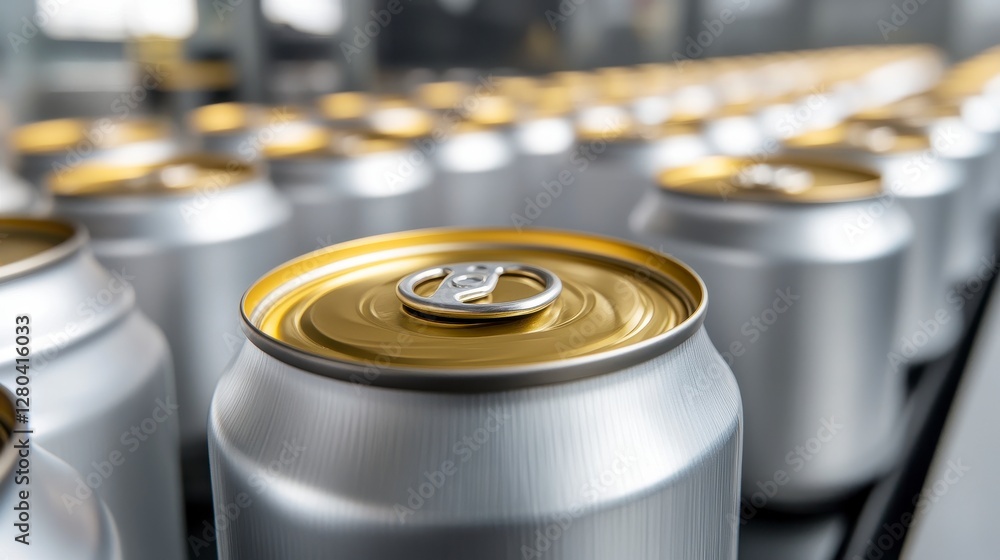 Silver Aluminum Cans on Conveyor Belt in Factory Silver Aluminum Cans on Conveyor Belt in Factory
