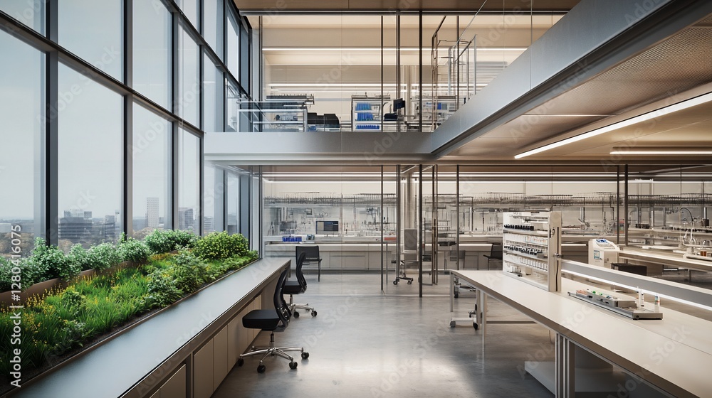 Fototapeta premium Modern, spacious laboratory with a large window overlooking a cityscape and an integrated green wall.