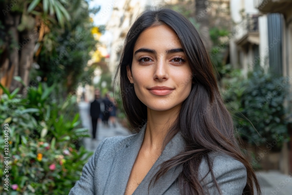 Confident young woman posing in a stylish outfit on a vibrant street surrounded by greenery Confident young woman posing in a stylish outfit on a vibrant street surrounded by greenery