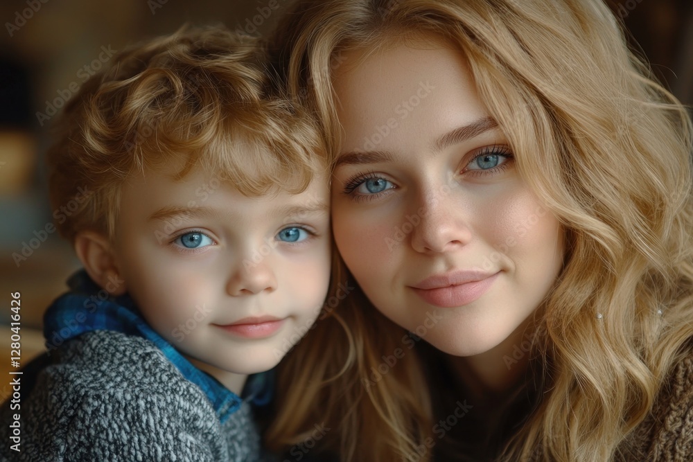 Mother and son smiling together in cozy indoor setting with natural light Mother and son smiling together in cozy indoor setting with natural light