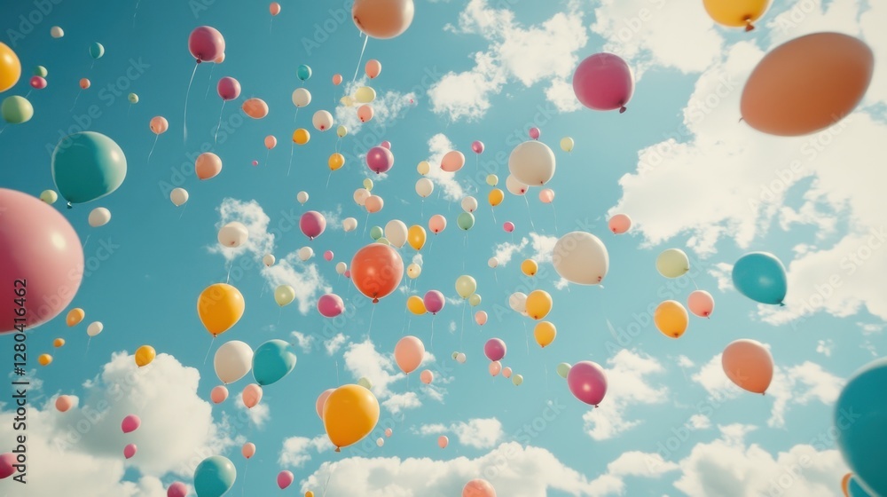 Colorful Balloons Floating Against a Bright Blue Sky with Clouds Colorful Balloons Floating Against a Bright Blue Sky with Clouds